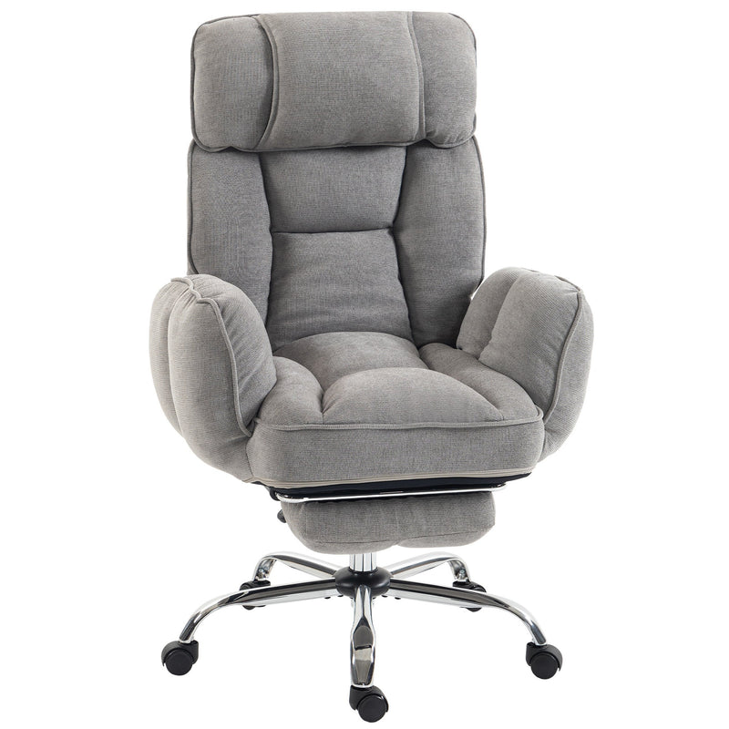 Grey padded executive office chair with footrest on a white background