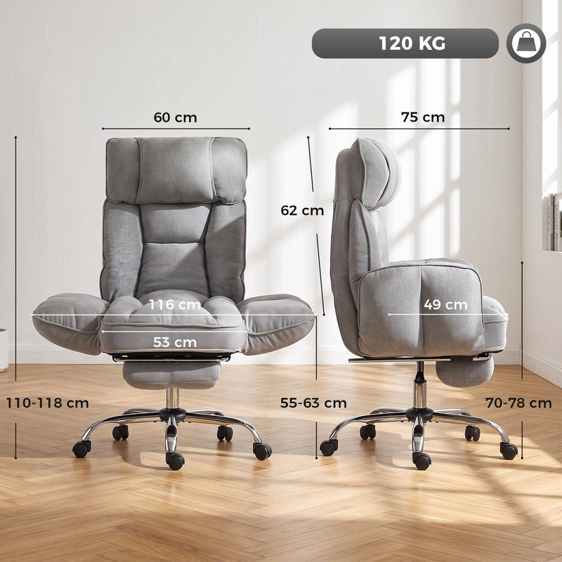Dimensions diagram of the grey executive office chair with 120 kg capacity