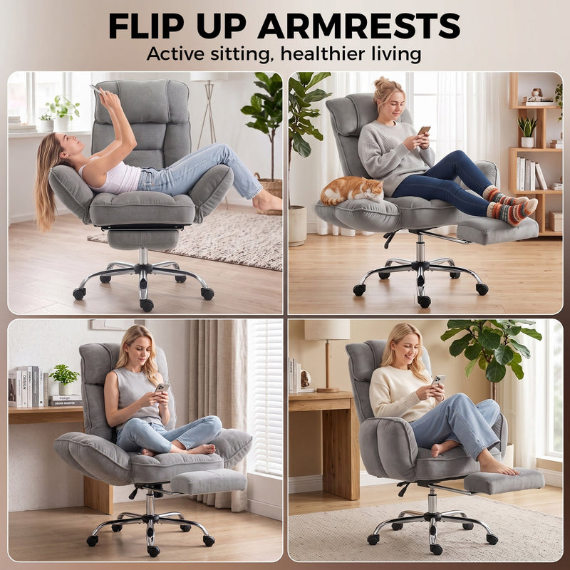 Four photos of people sitting in the chair with the armrests flipped up