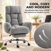 Grey chair in a bright room with a close-up of the breathable faux linen weave