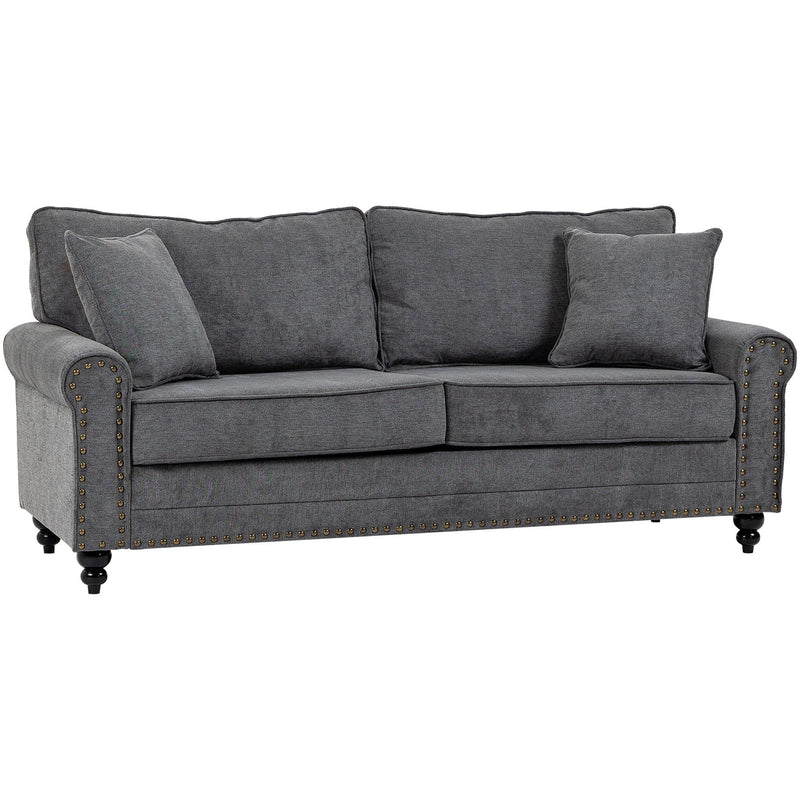 Grey 196cm 3 seater fabric sofa with nailhead trim, front view on plain background