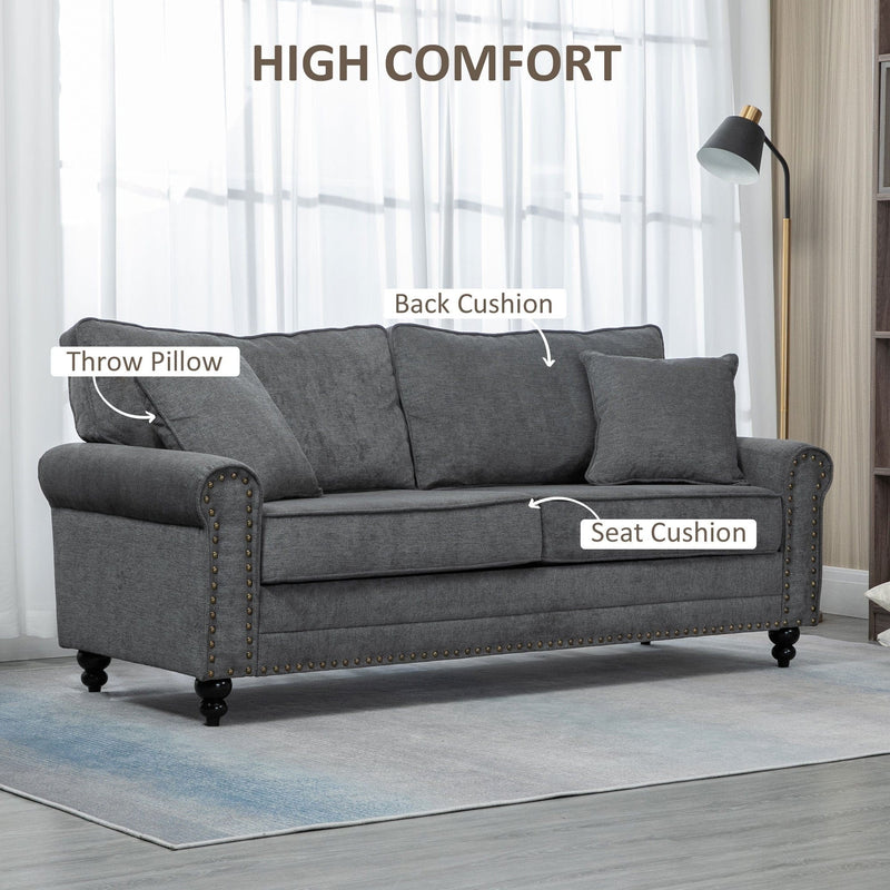 Grey sofa back cushion, seat cushion and throw pillow labelled detail