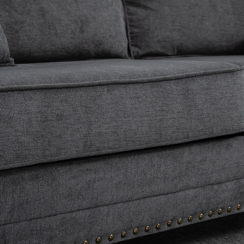 Close-up of back cushion stitching and piping detail, grey sofa