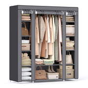 Grey fabric wardrobe with the cover open, showing the hanging rail and shelves on both sides