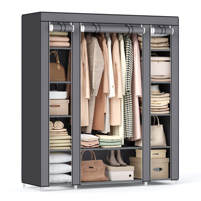Grey fabric wardrobe with the cover open, showing the hanging rail and shelves on both sides