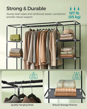 Weight capacity diagram showing 85 kg total, 15 kg on the hanging rail and 5 kg per shelf