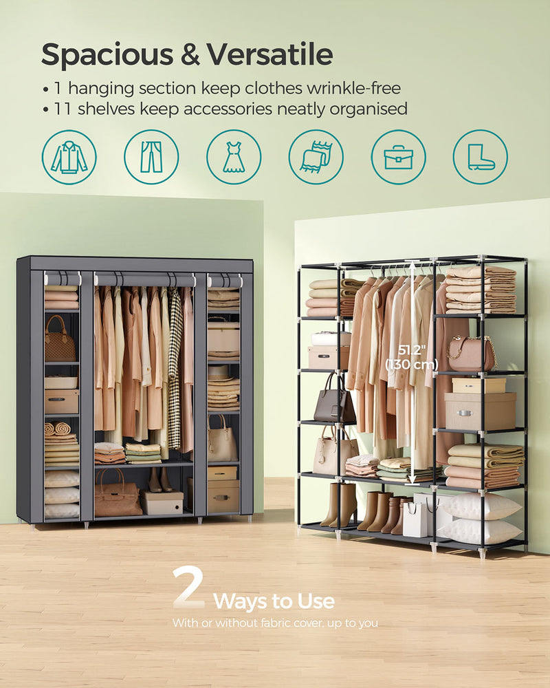 Wardrobe shown with its fabric cover on and with the cover removed to show the open steel shelf frame