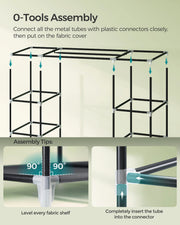 Assembly diagram showing the steel tubes connecting to plastic connectors at 90-degree joints