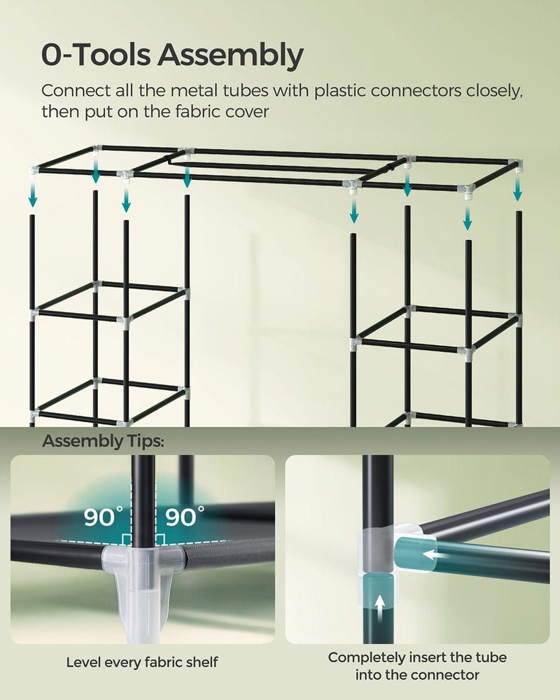 Assembly diagram showing the steel tubes connecting to plastic connectors at 90-degree joints