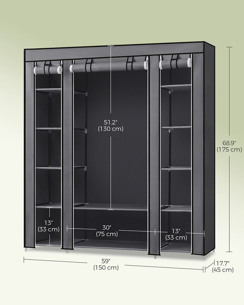 Dimension diagram giving 175 cm height, 150 cm width, 45 cm depth and a 130 cm hanging rail clearance