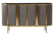 Grey fluted sideboard with black marble top on a plain background