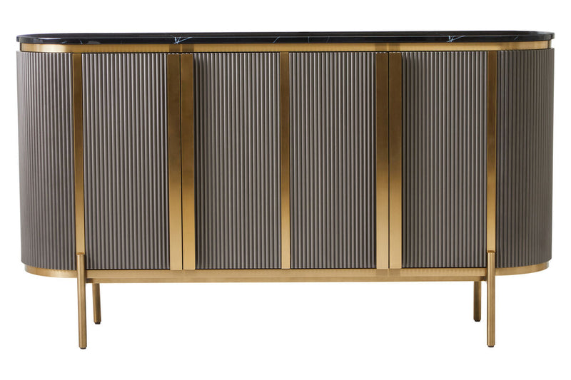 Grey fluted sideboard with black marble top on a plain background
