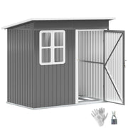 Dark grey 7x4ft Outsunny metal garden shed on a white background with the door open, shown with the included gloves and padlock