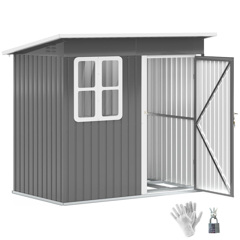 Dark grey 7x4ft Outsunny metal garden shed on a white background with the door open, shown with the included gloves and padlock