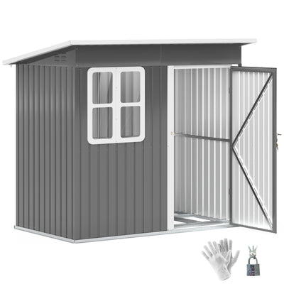 Dark grey 7x4ft Outsunny metal garden shed on a white background with the door open, shown with the included gloves and padlock