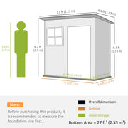 Dimension diagram of the 7x4ft Outsunny shed showing 221 x 133 cm overall, a 213 x 120 cm base and 204 x 108 cm inside