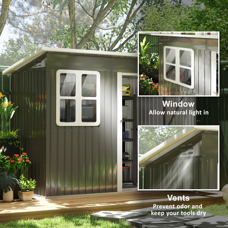 Shaded garden view with insets showing the shed's front window and the ventilation slots under the roof line