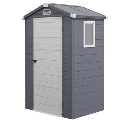 Grey Outsunny 4x3ft plastic garden shed with a white door and side window