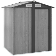 Grey wood effect Outsunny 5x4ft metal garden shed with an apex roof on a white background