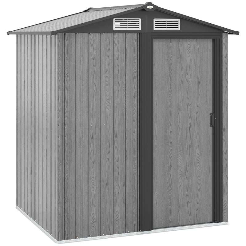 Grey wood effect Outsunny 5x4ft metal garden shed with an apex roof on a white background