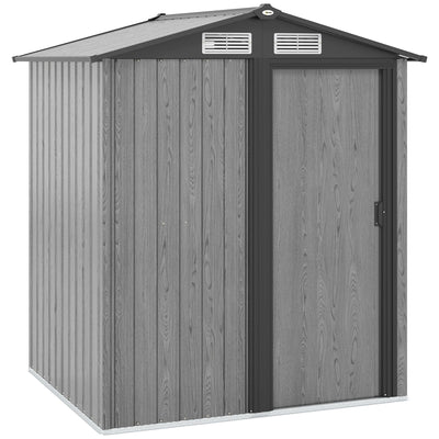 Grey wood effect Outsunny 5x4ft metal garden shed with an apex roof on a white background