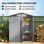 Shed with the sliding door open, labelled galvanised steel structure with rust prevention