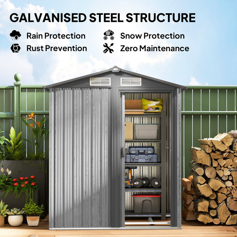 Shed with the sliding door open, labelled galvanised steel structure with rust prevention