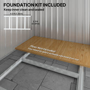 Included steel foundation kit measuring 136 by 69 cm, noting the floor board is not supplied