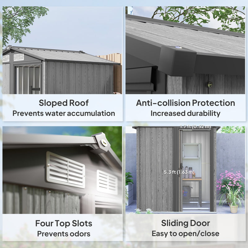 Four panel image showing the roof, corner protection, four vents and the 52 cm sliding door
