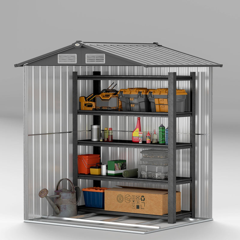 Cutaway view of the shed interior stacked with tools and boxes under the apex roof