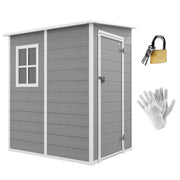 Grey plastic garden shed with a window and single door, shown beside a padlock and work gloves