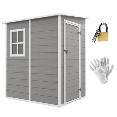 Grey plastic garden shed with a window and single door, shown beside a padlock and work gloves