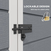 Close-up of the black sliding bolt on the shed door with a padlock and keys illustrated