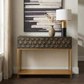 Grey mango wood console table with gold iron frame styled in a hallway