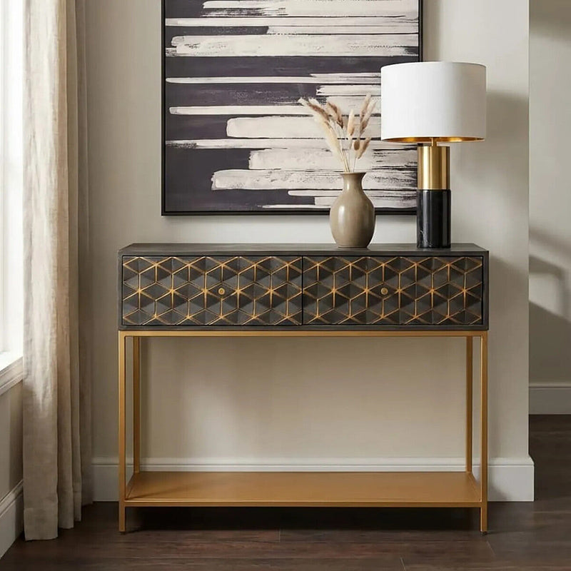 Grey mango wood console table with gold iron frame styled in a hallway