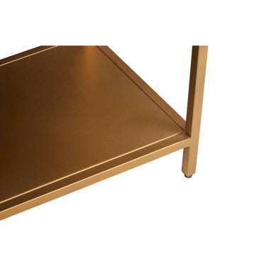 Close-up of the open lower shelf and gold frame supports