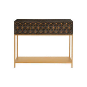 Grey mango wood 2-drawer console table with gold iron frame on a plain studio background