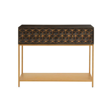Grey mango wood 2-drawer console table with gold iron frame on a plain studio background