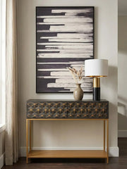 Console table with two drawers and lower shelf styled in a living room setting
