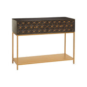 Front studio view of the grey console table showing both drawer fronts and open lower shelf