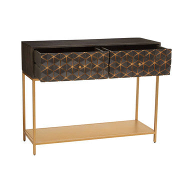 Angled studio view of the mango wood console table and its slim gold iron frame