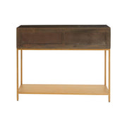Console table pictured with one drawer open to show the storage space inside