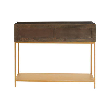 Console table pictured with one drawer open to show the storage space inside