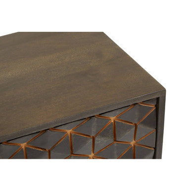 Close-up of the hexagonal relief detailing on the grey mango wood drawer front