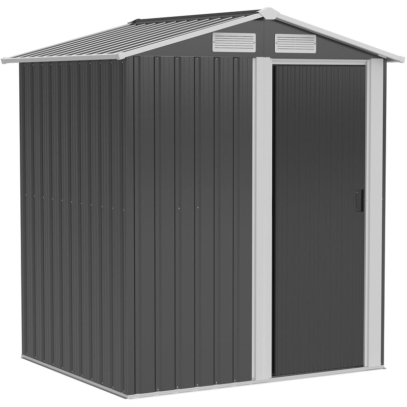 Grey 5x4ft Outsunny metal garden shed with apex roof and closed sliding door, studio view