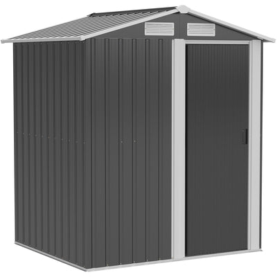 Grey 5x4ft Outsunny metal garden shed with apex roof and closed sliding door, studio view