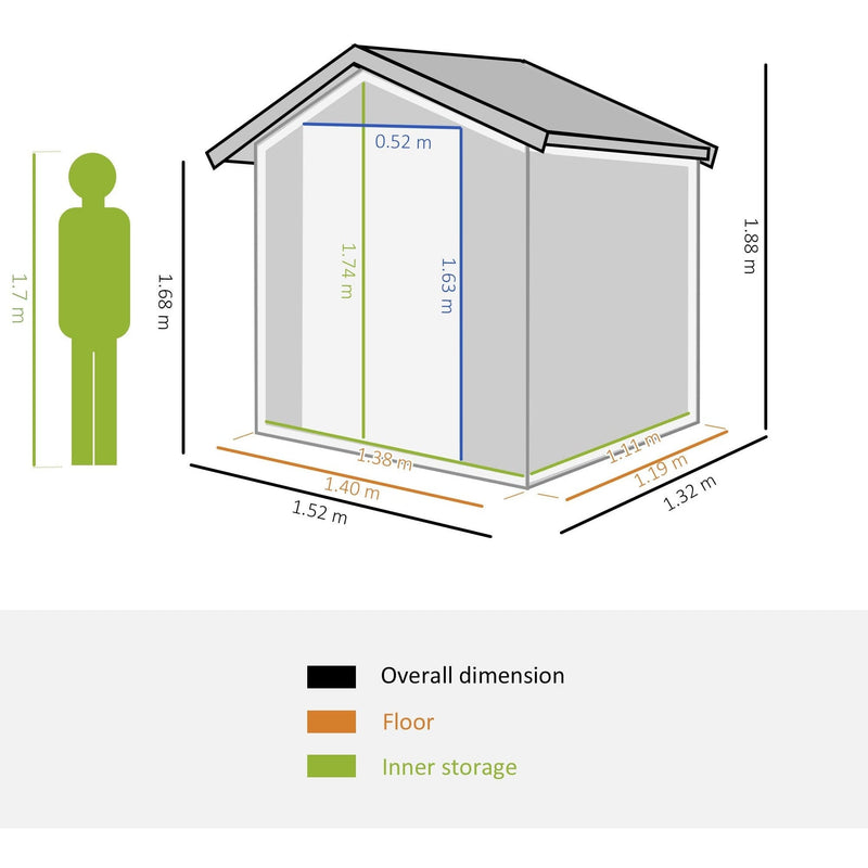 Dimension diagram of the 5x4ft metal shed: 152 x 132 x 188cm overall, 140 x 119cm base, 138 x 111cm inside, 52 x 163cm door