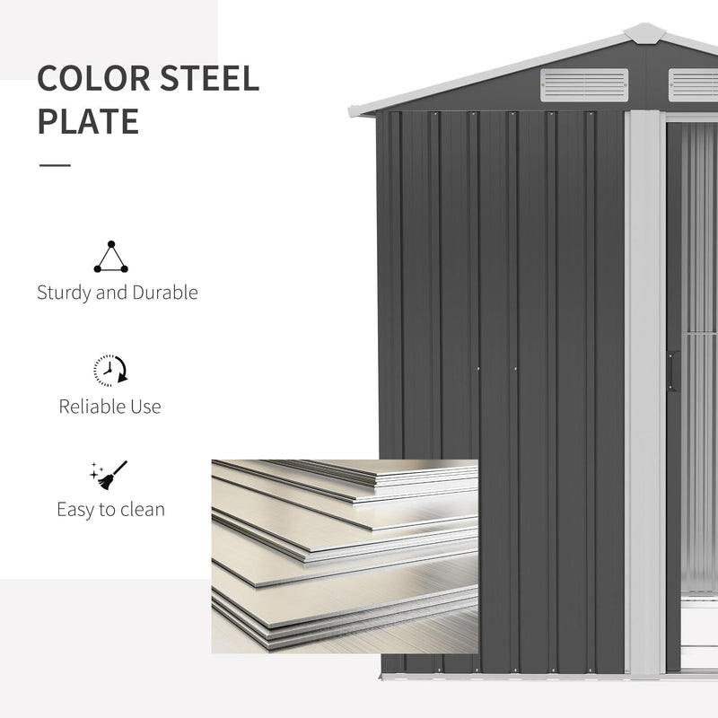 Coated steel plate panel for the garden shed, labelled sturdy and durable, reliable use and easy to clean