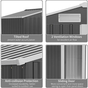Four close-ups of the shed showing the sloped apex roof, 2 ventilation louvres, reinforced panel edges and the sliding door
