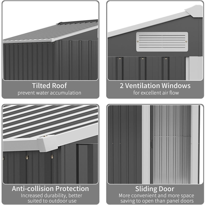 Four close-ups of the shed showing the sloped apex roof, 2 ventilation louvres, reinforced panel edges and the sliding door